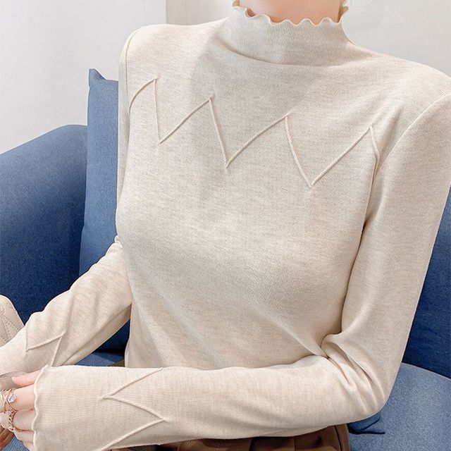 Everose-Long-Sleeve High Neck Plain Paneled Tee
