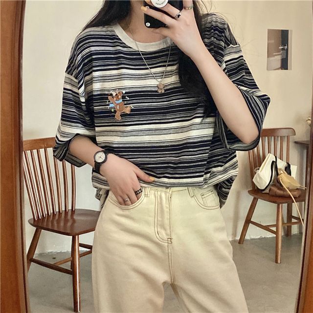 Everose-Elbow-Sleeve Striped T-Shirt