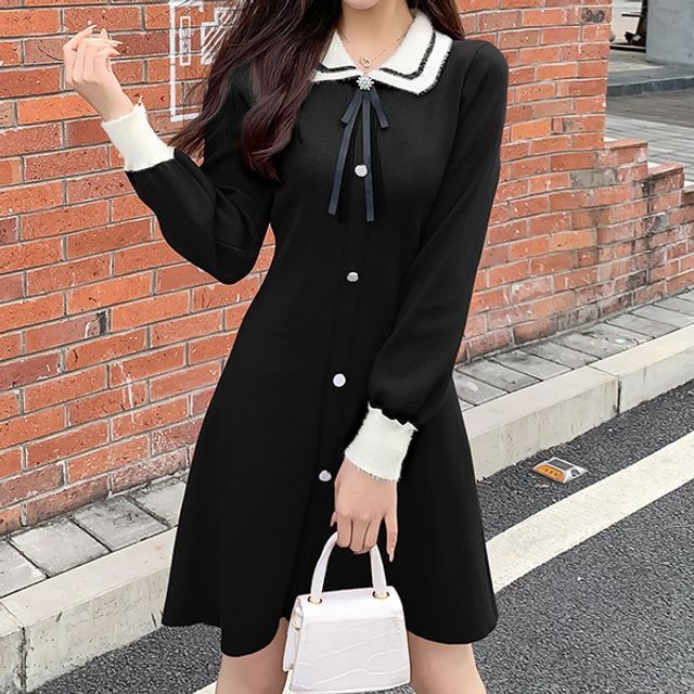 Ango - Color Block Peter Pan Collar Knit Dress | YesStyle