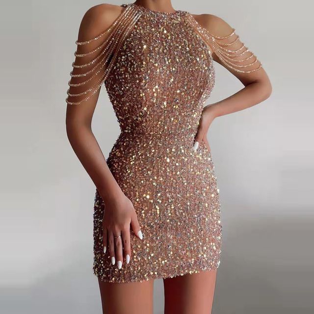 SANQI - Sleeveless Sequin Strappy Mini Sheath Cocktail Dress | YesStyle