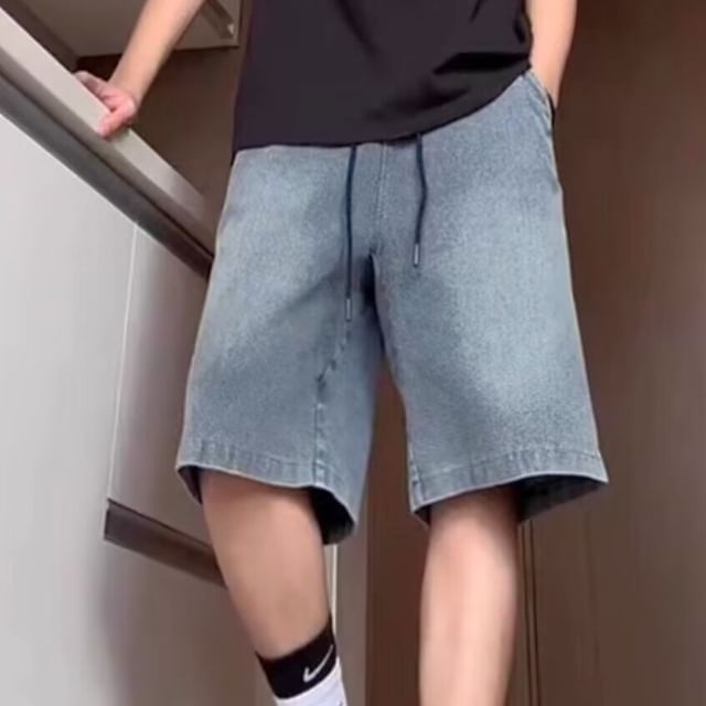 farrahces-Drawstring Waist Washed Denim Shorts