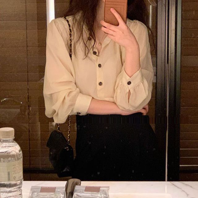 Everose-Long-Sleeve Round Neck Plain Button-Up Blouse