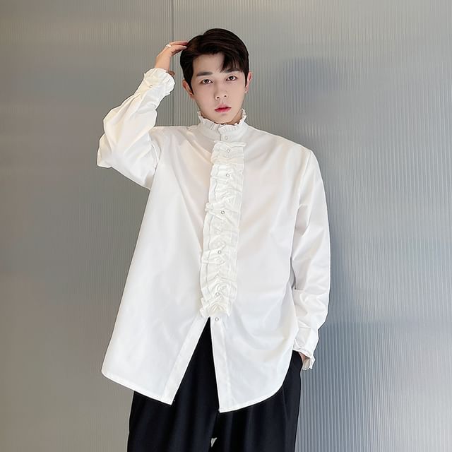 Patow-Long-Sleeve Stand Collar Plain Shirt