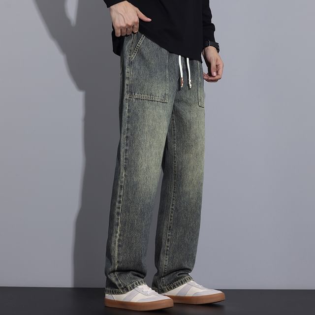 Denimic-Mid Rise Washed Straight Leg Jeans