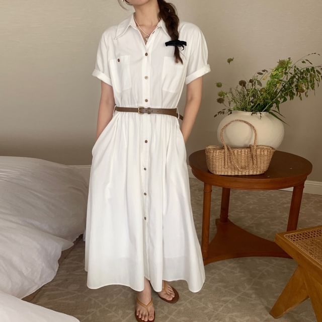 Jesong-Set Short-Sleeve Collared Button-Up Plain Midi A-Line Dress Belt