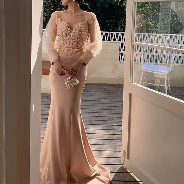 MSSBridal - Long-Sleeve Mesh Panel Sheath Evening Gown | YesStyle MSSBridal - Long-Sleeve Mesh Panel Sheath Evening Gown | YesStyle