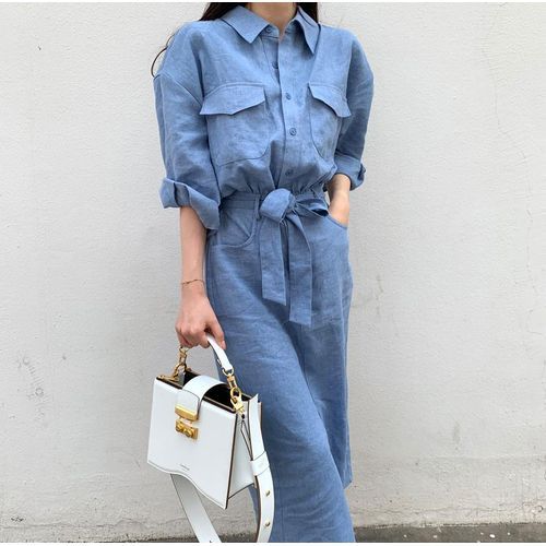 Blue Tie Waist Long Sleeve Midi Shirt Dress