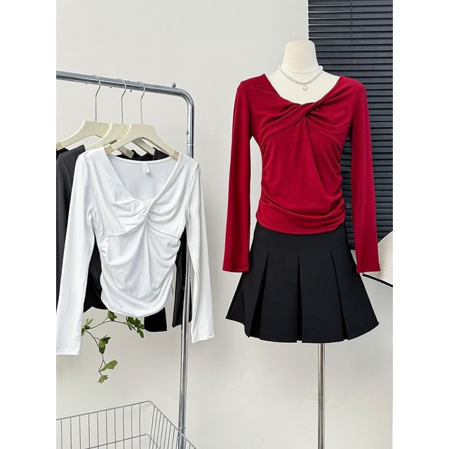 Lemongrass-Twisted V-Neck Ruched T-Shirt