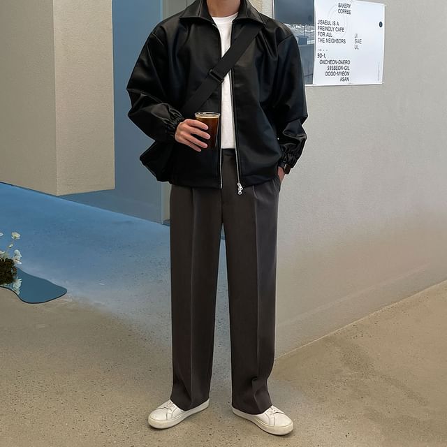 MRCYC-Collar Plain Faux Leather Zip Jacket
