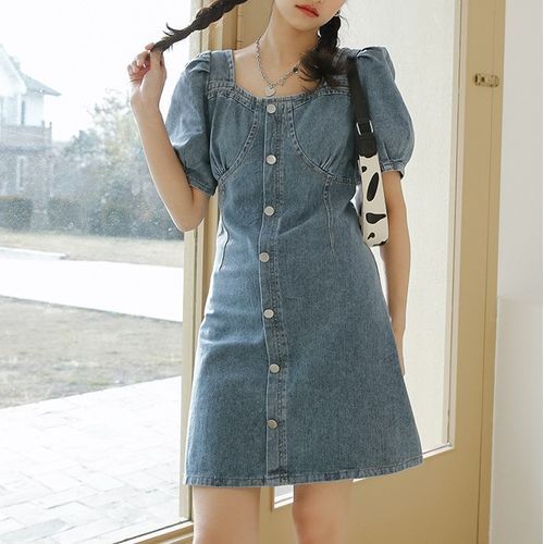 Deca - Puff Sleeve Denim Square Neck Dress | YesStyle