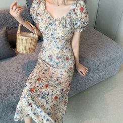 Xavia - Short-Sleeve Floral Midi A-Line Dress