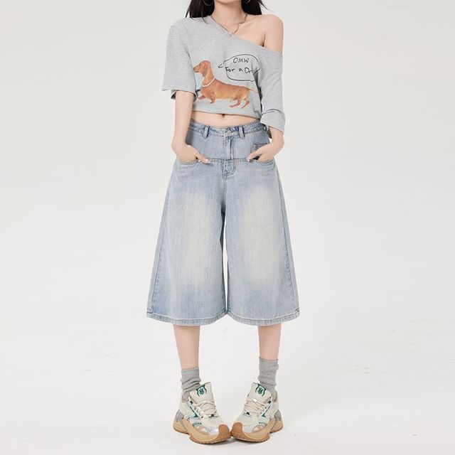 Denimot-Mid Rise Washed Panel Jorts