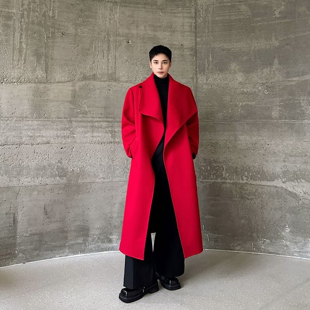Orungeetun-Lapel Collar Plain Open Front Long Coat