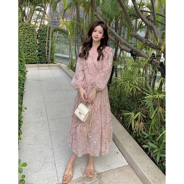 knee length dresses for ladies Bronze Sequin Tie Back Puff Sleeve Velvet Midi Dress Scamp & Dude main image 1