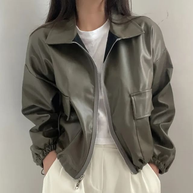 Coris-Collar Plain Faux Leather Zip Jacket