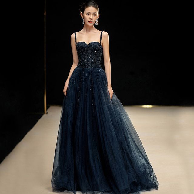 MSSBridal-Spaghetti Strap Sweetheart Neckline Mesh A-Line Evening Gown
