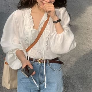 Happo-Long-Sleeve Plain Ruffle Trim Blouse