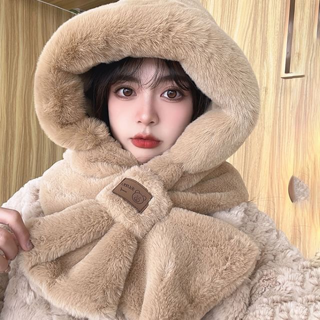 Rita Zita-Plain Fluffy Hooded Scarf
