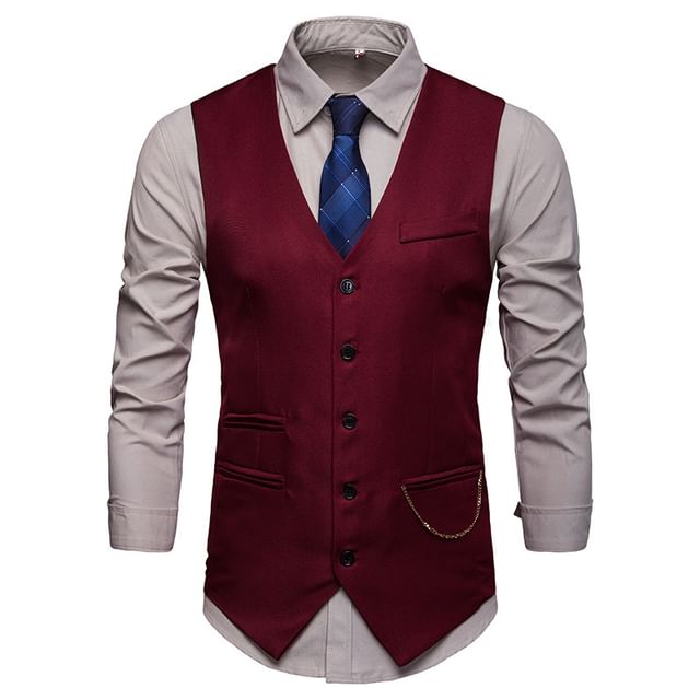 YIKES-V-Neck Plain Single-Breasted Vest