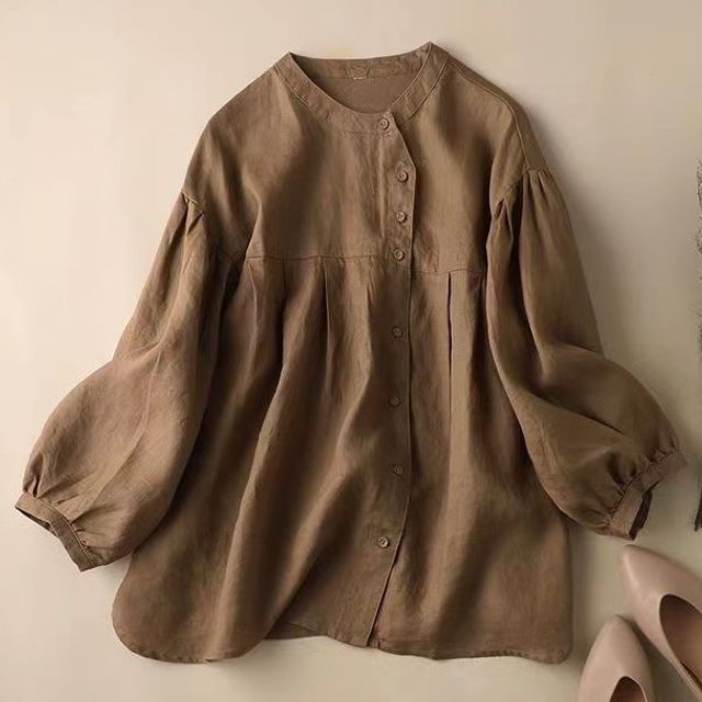 INEN-Puff-Sleeve Crew Neck Plain Babydoll Blouse
