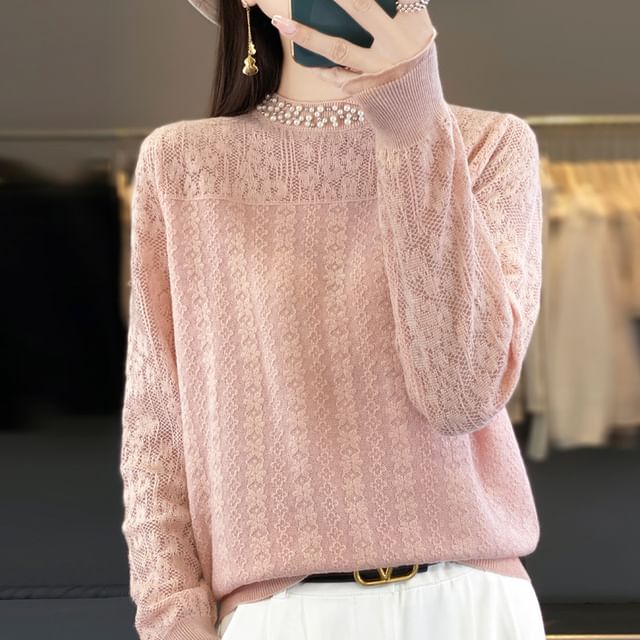 Weelop-Long Sleeve Mock Neck Plain Beaded Knit Top