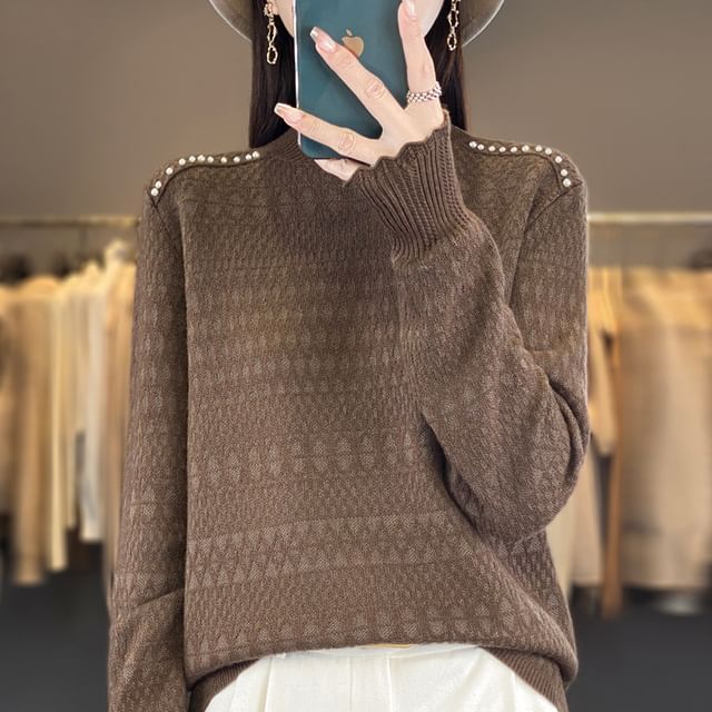 Weelop-Long Sleeve Mock Neck Plain Beaded Knit Top