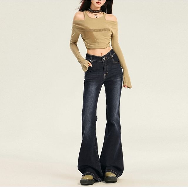 Denimot-Mid Waist Washed Flared Jeans Various Designs
