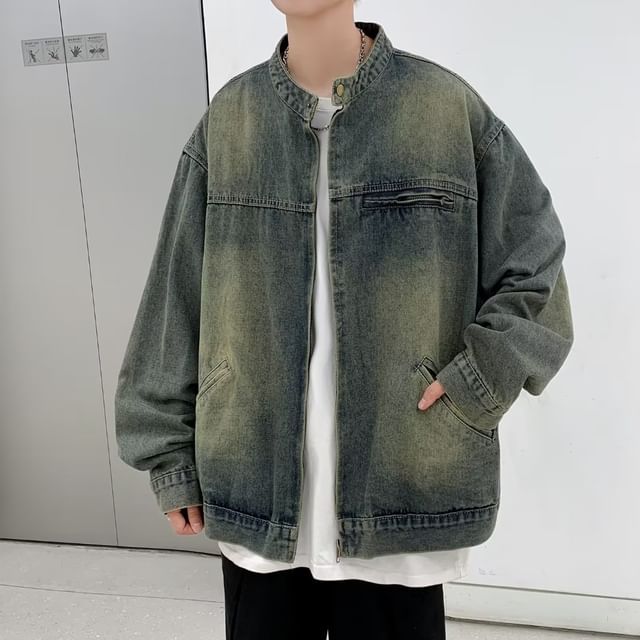 Macho-Stand Collar Washed Zip-Up Denim Jacket