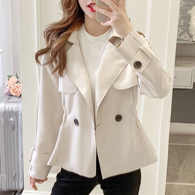 Isaaca-Lapel Collar Plain Double-Breasted Trench Jacket