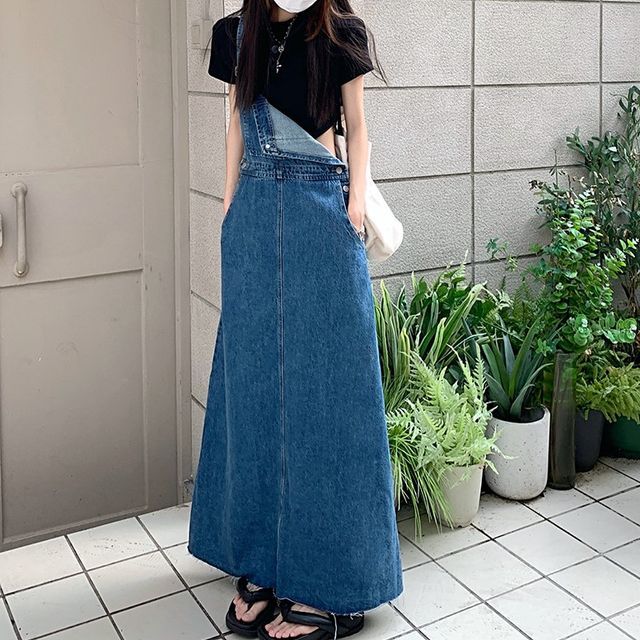 Zepto Denim Maxi A-Line Overall Dress YesStyle