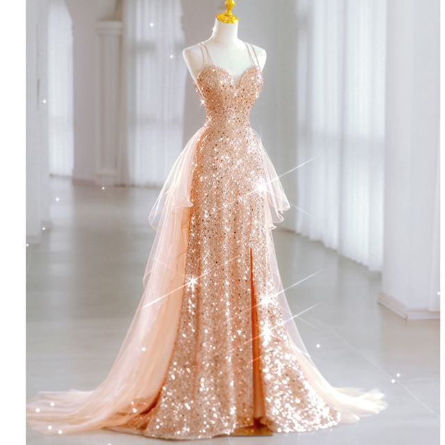 MSSBridal-Spaghetti Strap Sequin Panel Mesh A-Line Evening Gown Various Designs
