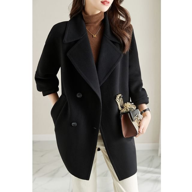 Jeonseon-Lapel Collar Plain Double-Breasted Long Coat
