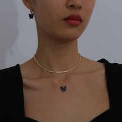Seirios - Set: Butterfly Pendant Layered Necklace + Butterfly Hoop Earrings Seirios - Set: Butterfly Pendant Layered Necklace + Butterfly Hoop Earrings