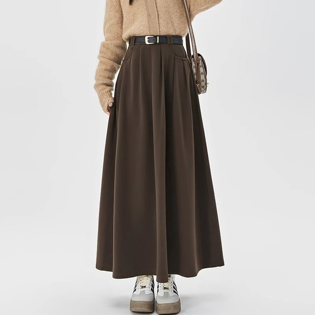 Isaaca-High Rise Plain Pleated Maxi A-Line Skirt