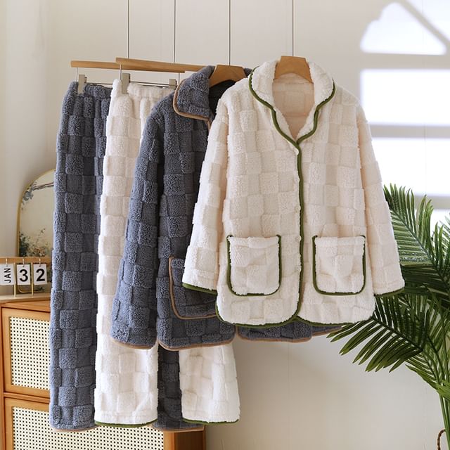Dazzli-Couple Matching Pajama Set Plaid Button-Up Jacket Pants
