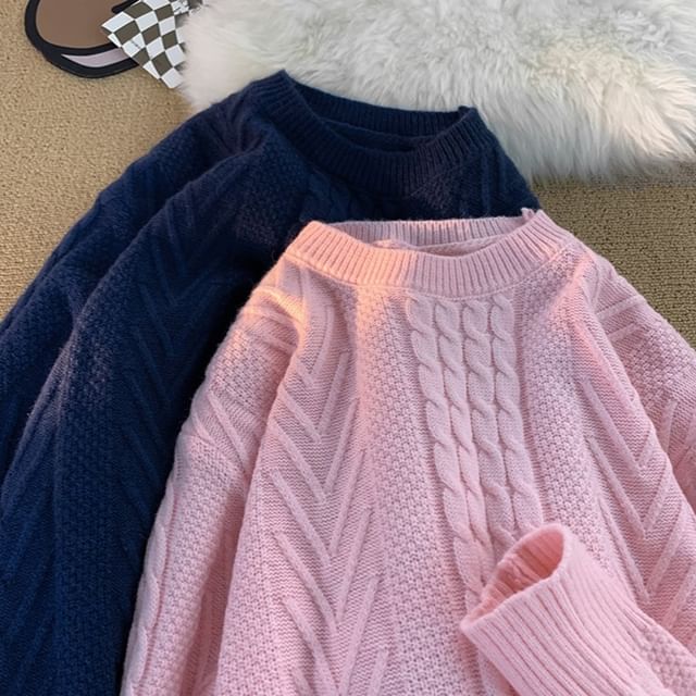 Samso-Crew Neck Plain Cable-Knit Sweater