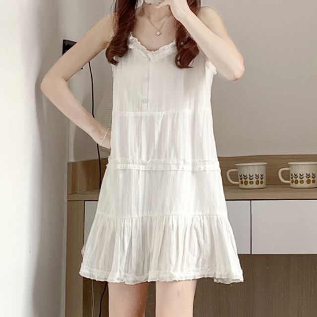 GOUB-Spaghetti Strap V-Neck Plain Mini A-Line Dress