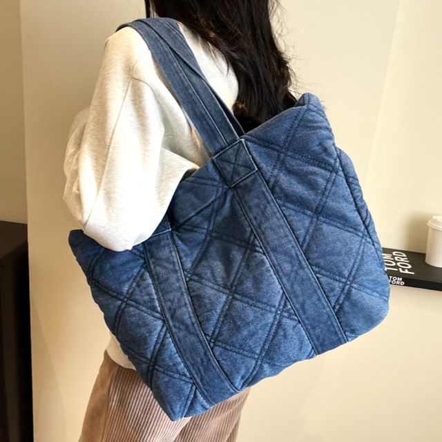 Hikuozy-Washed Denim Puffer Tote Bag