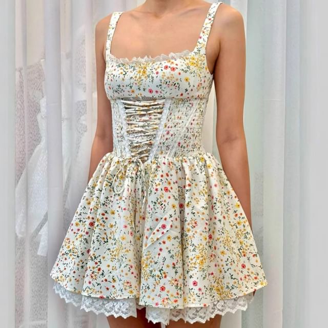 Opuscule - Sleeveless Square Neck Floral Print Lace Up Panel Lace Mini  A-Line Dress | YesStyle