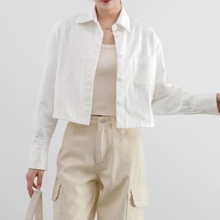 Magimomo-Long-Sleeve Collared Plain Crop Shirt