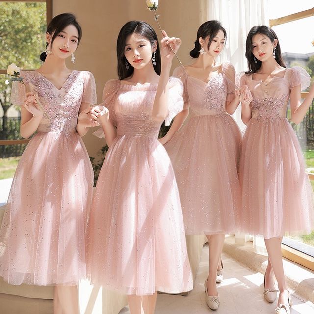 AIPIOA - Short-Sleeve Sequin Mesh Midi A-Line Bridesmaid Dress | YesStyle