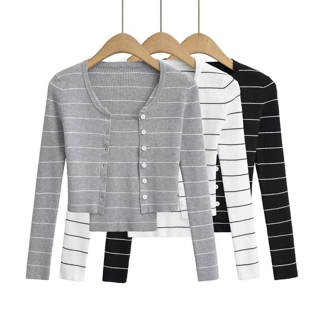 Asiris-Set Striped Button-Up Crop Cardigan Cami Top