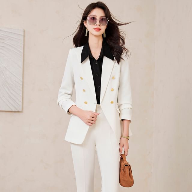Skyheart-Lapel Collar Plain Double Breasted Blazer Mock Neck Plain Blouse Mid Waist Plain Slacks Mini Pencil Skirt Set