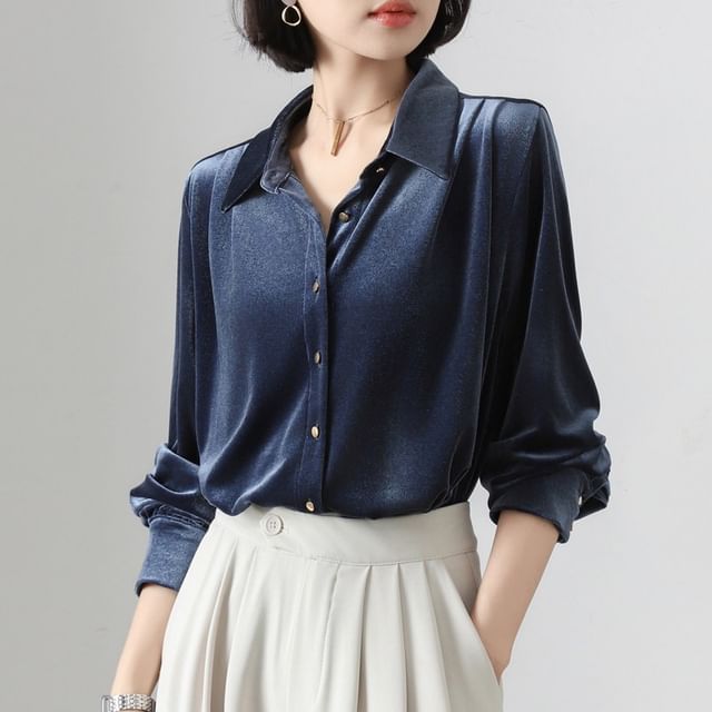 INEN-Long-Sleeve Velvet Plain Shirt