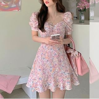Staan - Puff-Sleeve Sweetheart Neckline Floral Print Ruffle-Trim A-Line Mini Dress