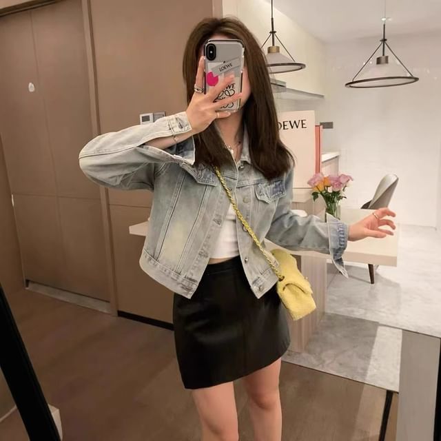 Lexama-Collared Washed Denim Button Down Crop Jacket