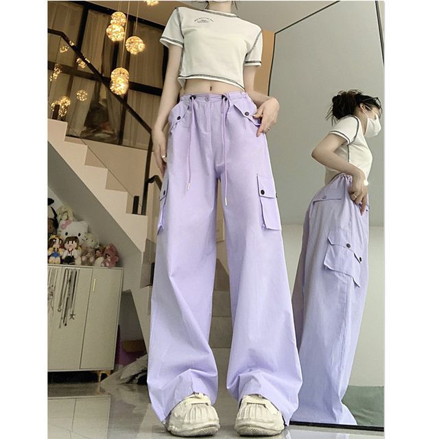 Isaaca - High Rise Plain Wide Leg Cargo Pants