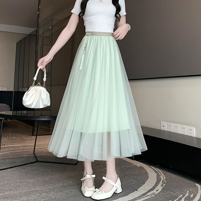 Juuri-High Waist Plain Mesh Midi A-Line Skirt