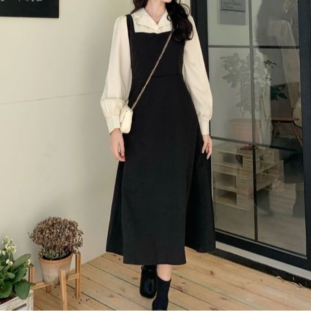 Cloud Nine-Long-Sleeve Lapel Collar Mock Two-Piece Two Tone Midi A-Line Dress