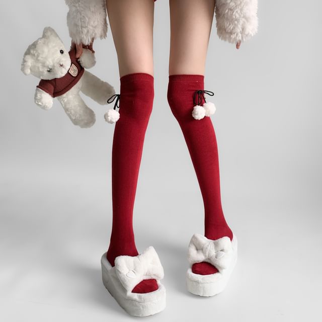 Desperim-Plain Pom Pom Over the Knee Socks
